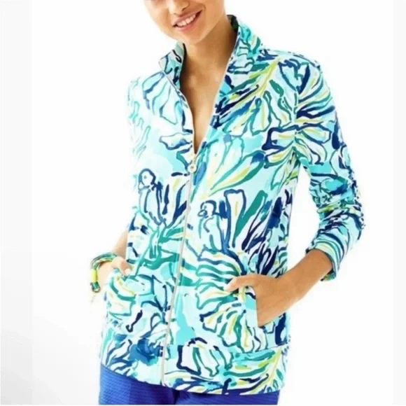 Lilly Pulitzer | Reagan Full Zip Jacket Pool Blue Green Stay Cool Pockets XL - Picture 2 of 8
